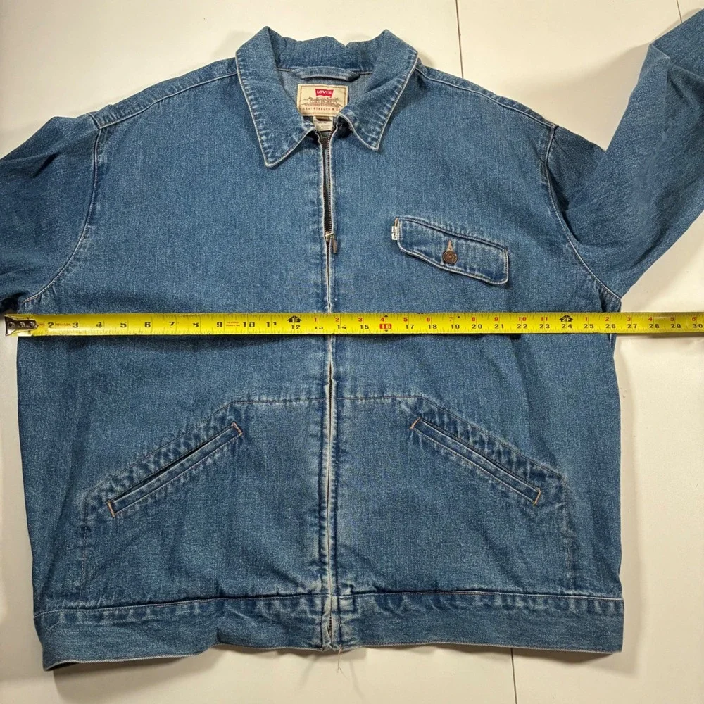 Vintage 1997 Levi's Denim Jacket XL Blue Full Zip Acid Graphic Back Patch Chore